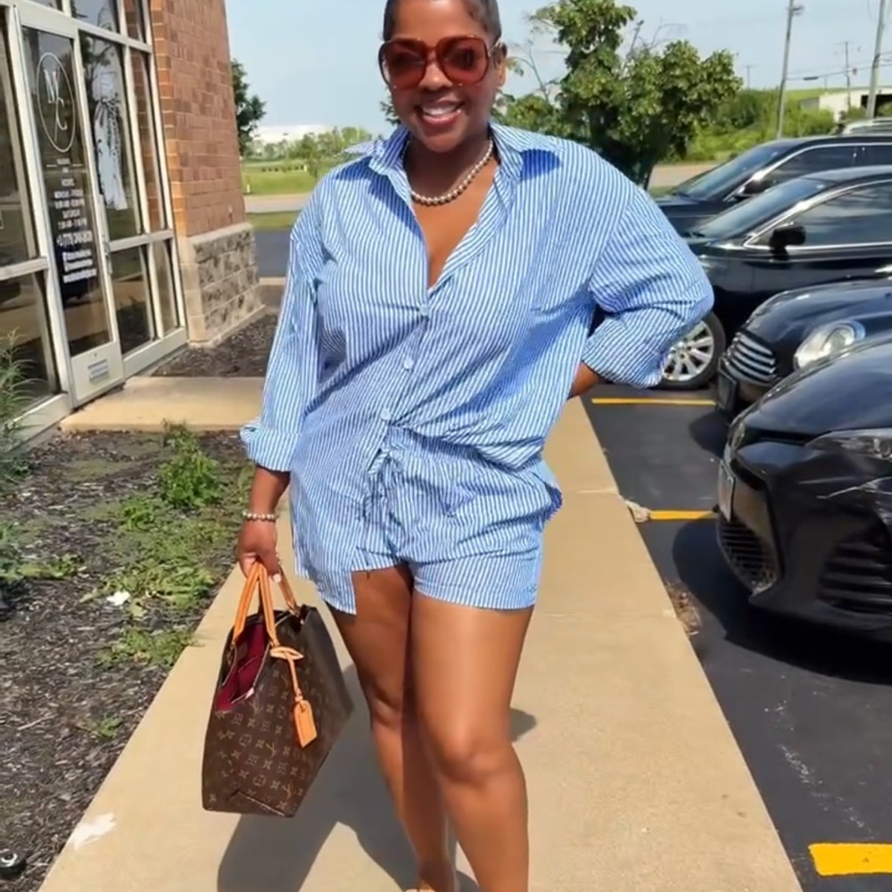 Blue and White Striped Button-Up Shirt with Matching Shorts